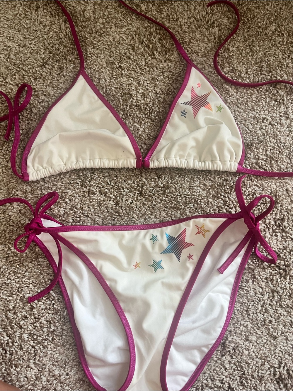 Y2K 2008 Victoria's Secret White Bikini Pink Trim and Multicolor Star Accents